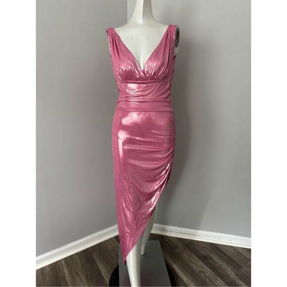 NWT Norma Kamali Shirred V-neck Asymmetric Tara Side Drape Gown Candy Pink Small - Picture 8 of 14